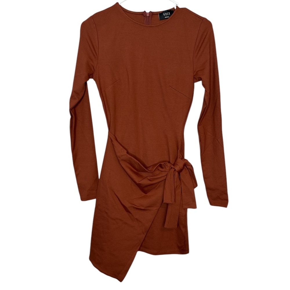 VICI Ribbed Long-Sleeve Wrap Dress in Rust